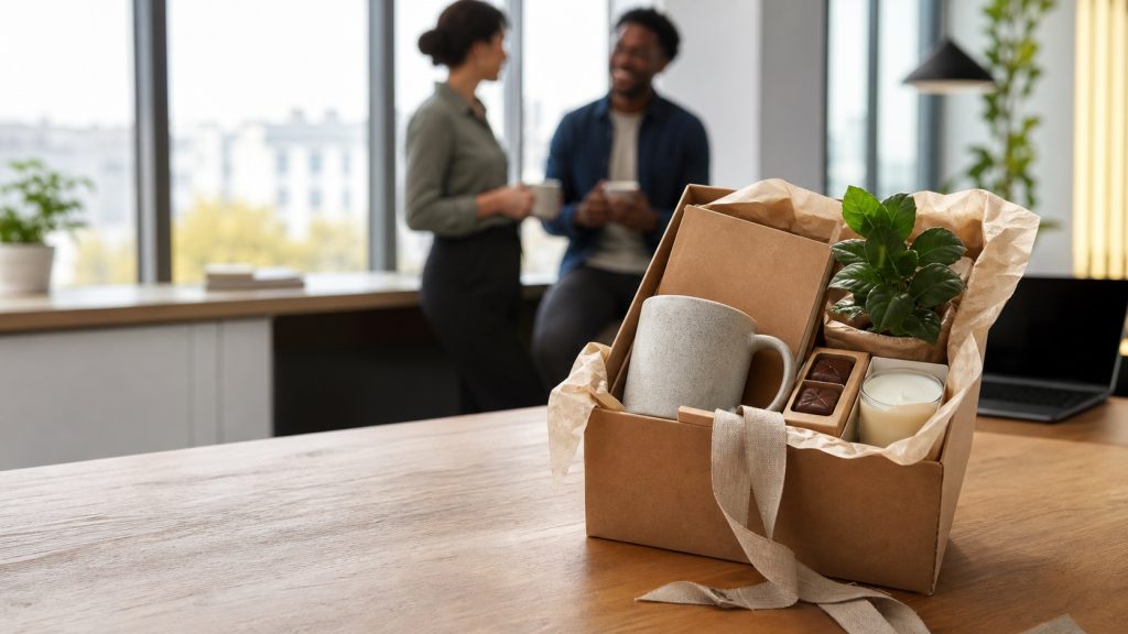 Coffret cadeau salarié élégant posé sur une table en bois dans un bureau moderne, avec mug, chocolats, bougie et plante, tandis que deux collègues échangent en arrière-plan.
