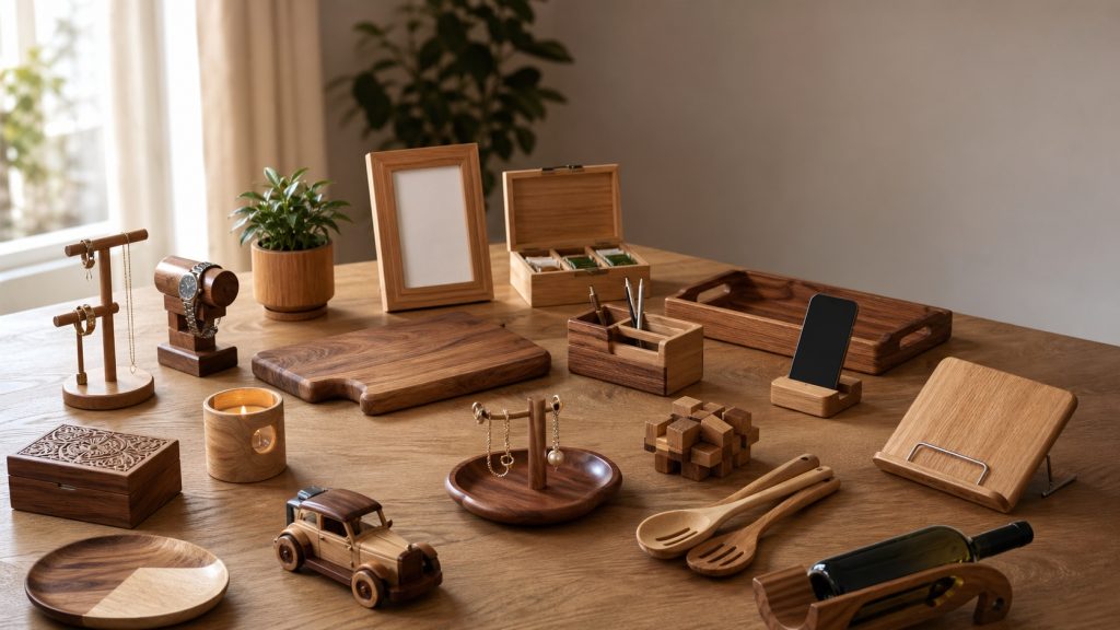 Sélection photoréaliste de cadeaux utiles en bois disposés sur une table en chêne : boîte à bijoux, planche, organiseur, support de téléphone, plateau, ustensiles et jouet.