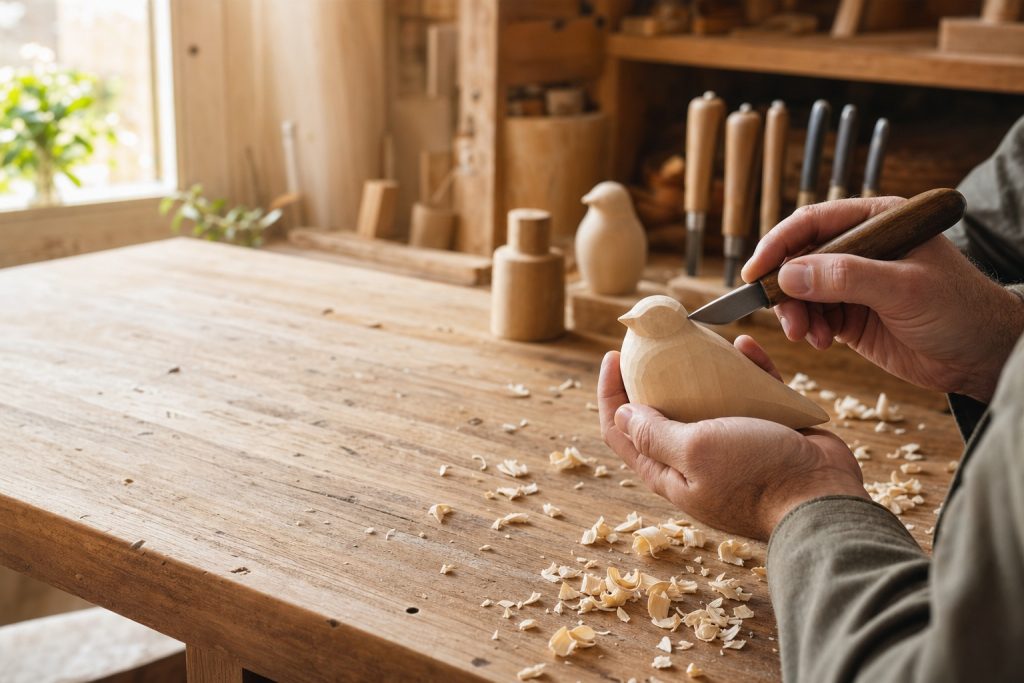 Sculpture sur bois pour débutant : mains taillant un petit oiseau en bois sur un établi d’atelier, avec copeaux et outils de sculpture.