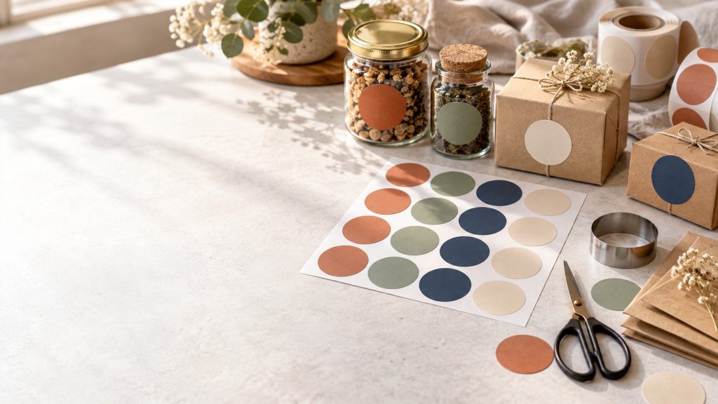 Étiquettes rondes personnalisées vierges sur une table de travail, avec bocaux, boîtes cadeaux kraft et outils de découpe.