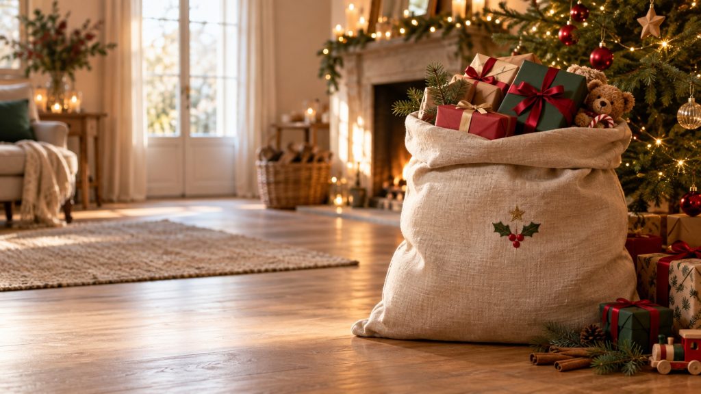 Hotte de Noël personnalisée en lin naturel, remplie de cadeaux dans un salon chaleureux décoré pour les fêtes.