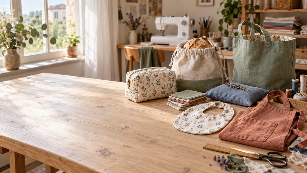 Atelier de couture lumineux avec des cadeaux utiles faits main, dont une trousse matelassée, un sac à pain, des dessous de verre et un tote bag en tissu