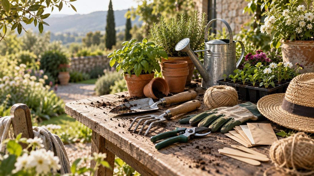 Outils et accessoires de jardinage utiles disposés sur une table en bois dans un jardin fleuri et ensoleillé.