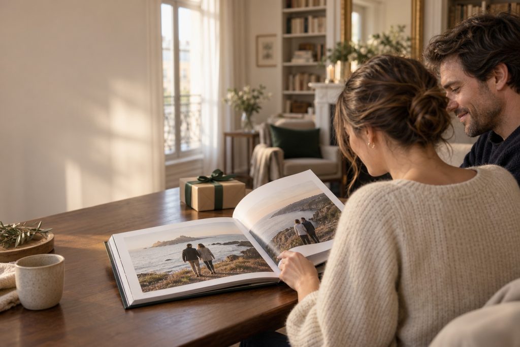 Livre personnalisé haut de gamme ouvert sur une table en bois, offert à un couple adulte dans un intérieur chaleureux.