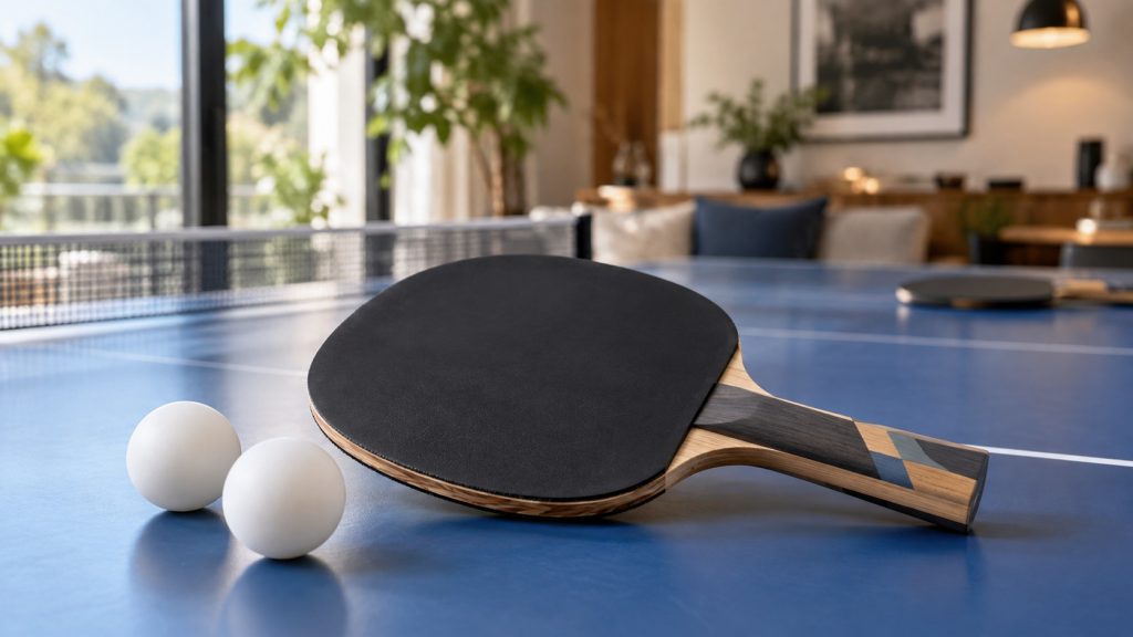 Raquette de ping-pong personnalisée en bois et revêtement noir posée sur une table bleue, avec deux balles blanches dans un intérieur lumineux.
