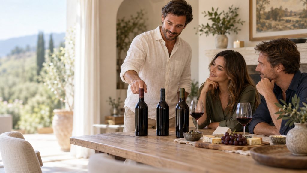 Sommelier conseillant un couple pour choisir un vin parmi plusieurs bouteilles lors d’une dégustation à domicile