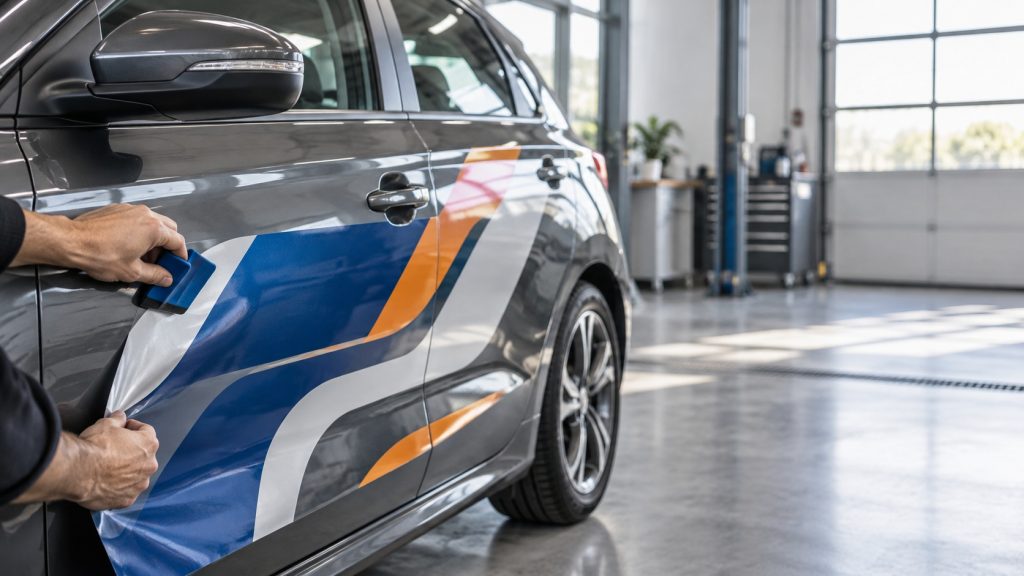 Pose d’un sticker vinyle personnalisé abstrait sur la portière d’une voiture grise dans un atelier automobile lumineux.